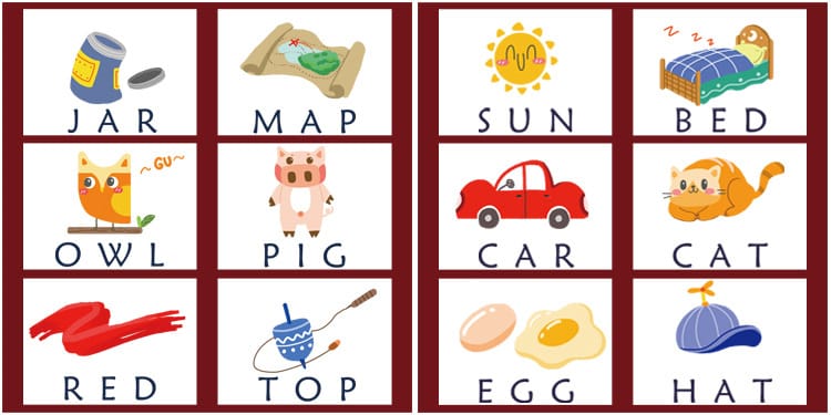 Spelling cards for a wooden alphabet blocks spelling toy.