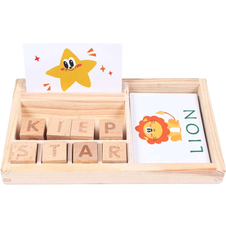A wooden alphabet blocks spelling toy, with wooden letter blocks and spelling cards.